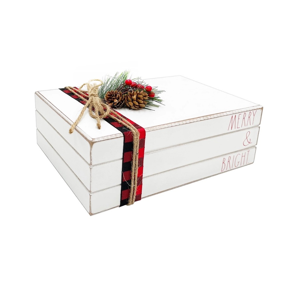 Rae Dunn “Merry and Bright” faux book-stack